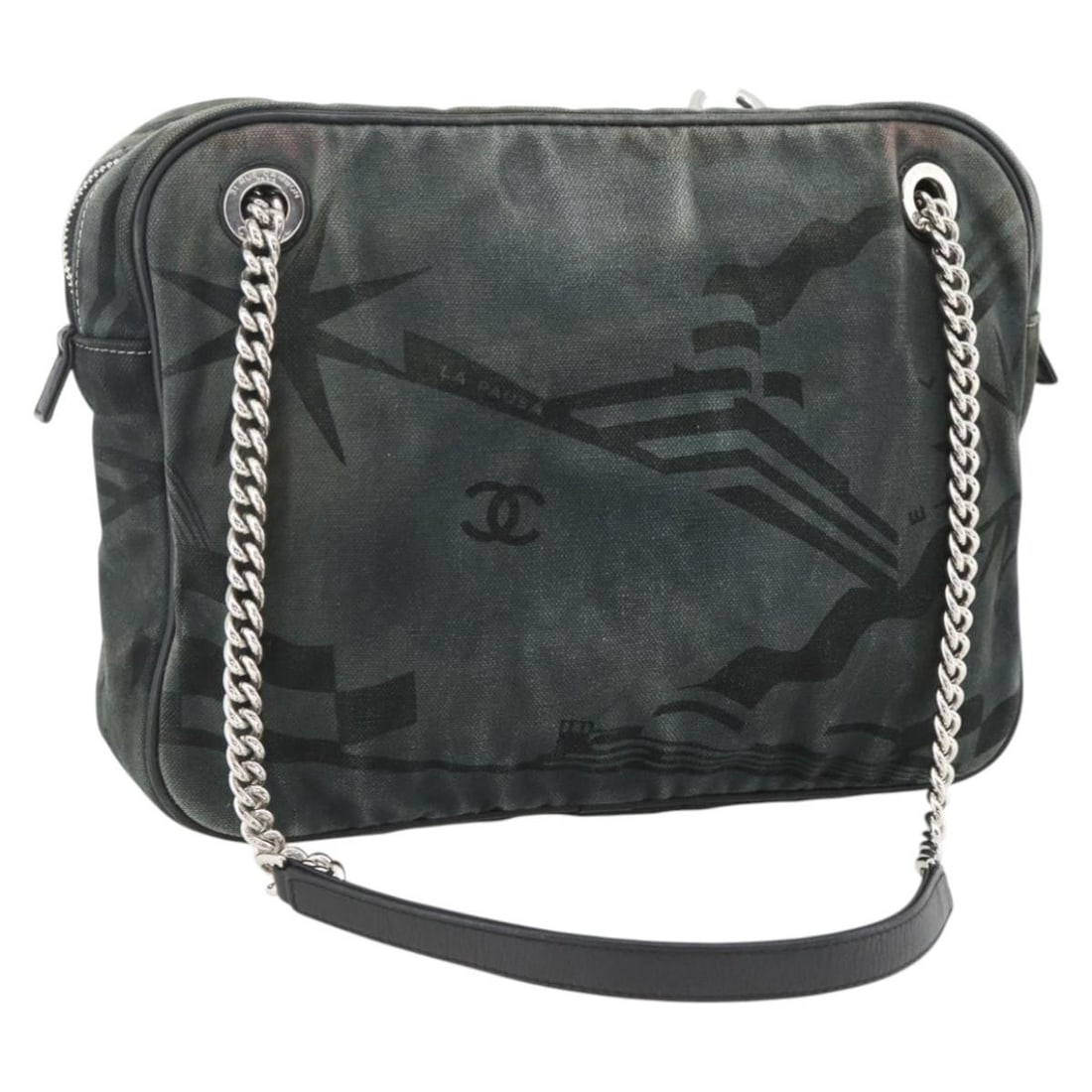 CHANEL CC Canvas Shoulder Bag Black Silver Chain Strap: CHANEL CC Canvas Shoulder Bag Black Silver Chain Strap A CHANEL shoulder bag in black and silver canvas, presented in heavily used condition. It features a shoulder strap and comes with the item shown