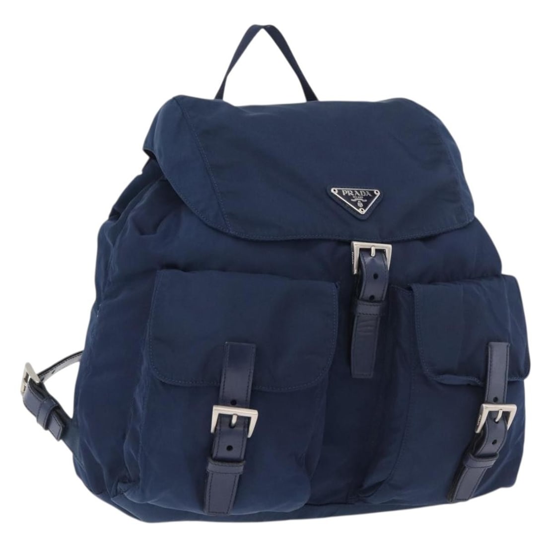 PRADA Nylon Backpack in Navy with Silver Tone Trim: PRADA Nylon Backpack in Navy with Silver Tone Trim Authentic Prada backpack in navy nylon with silver-tone accents, made in Italy. This women's backpack includes only the item shown; the original box 