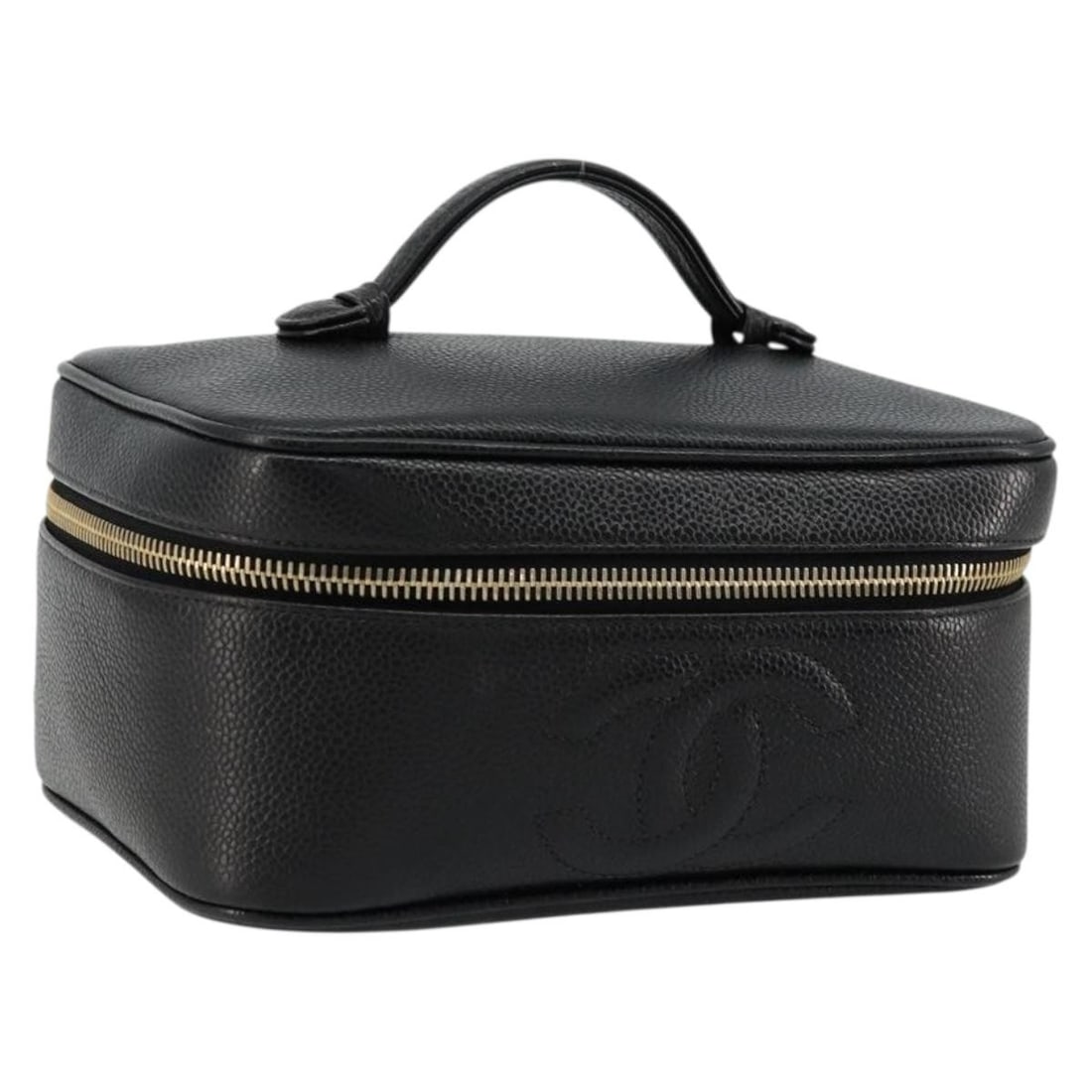 CHANEL Black Gold Caviar Skin Vanity Pouch with Card: CHANEL Black Gold Caviar Skin Vanity Pouch with Card This CHANEL Vanity Pouch is crafted from black caviar (grained calf) skin and features gold-tone CC hardware. Designed for women, it offers a compa