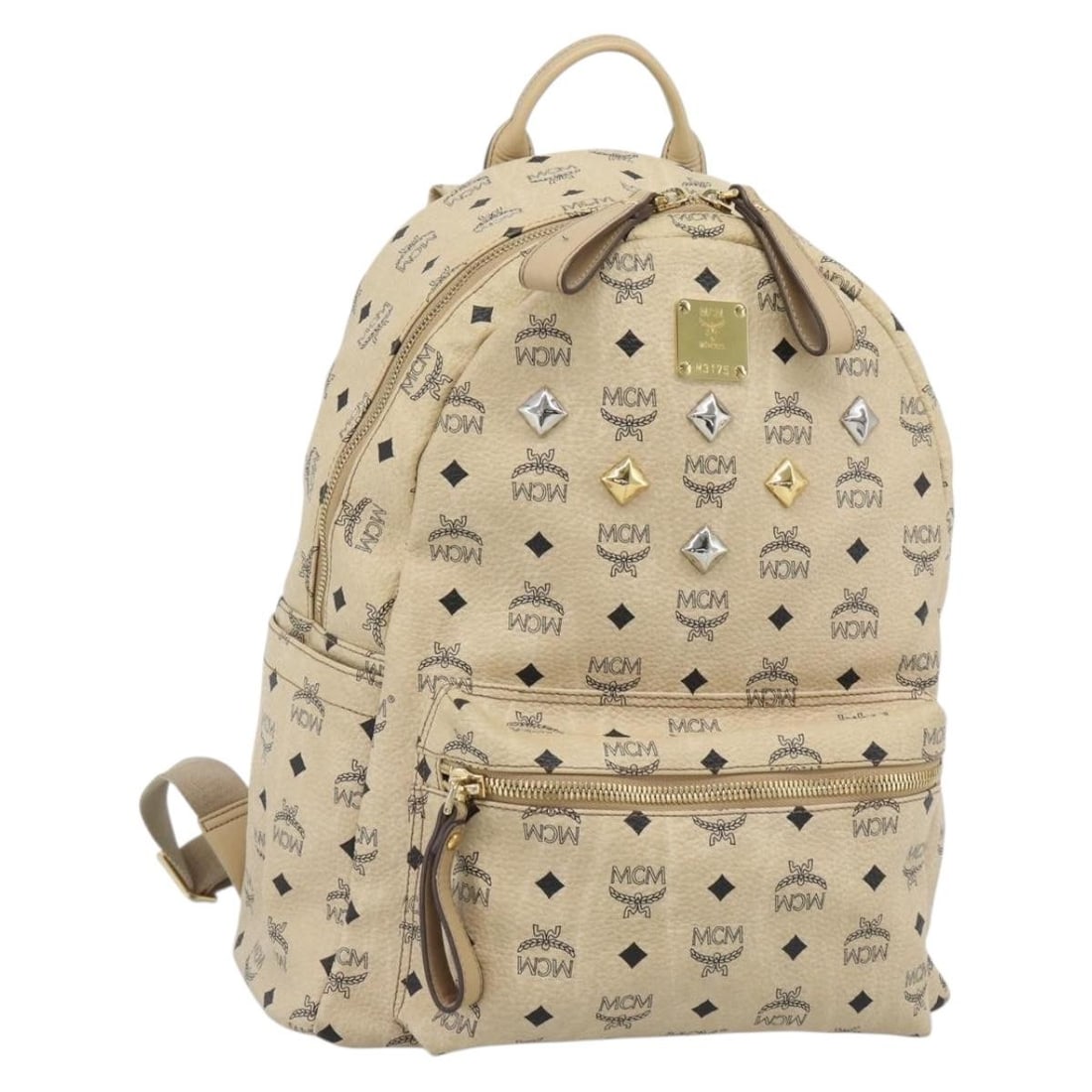MCM Beige Gold Vicetos Logogram PVC Leather Backpack: MCM Beige Gold Vicetos Logogram PVC Leather Backpack This MCM Vicetos logogram backpack is made of PVC leather in a beige and gold colorway. It features a backpack style and was made in Korea. The ite