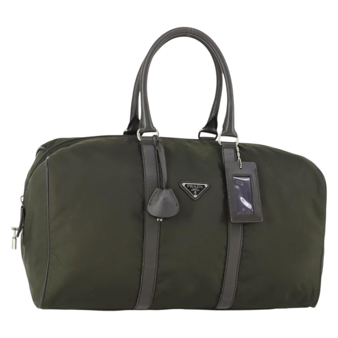 PRADA nylon Boston bag khaki with padlock keys and tag: PRADA nylon Boston bag khaki with padlock keys and tag Authentic Prada Boston bag in khaki and silver nylon, made in Italy. This women's bag includes a padlock, two keys, clochette, and name tag. Cond