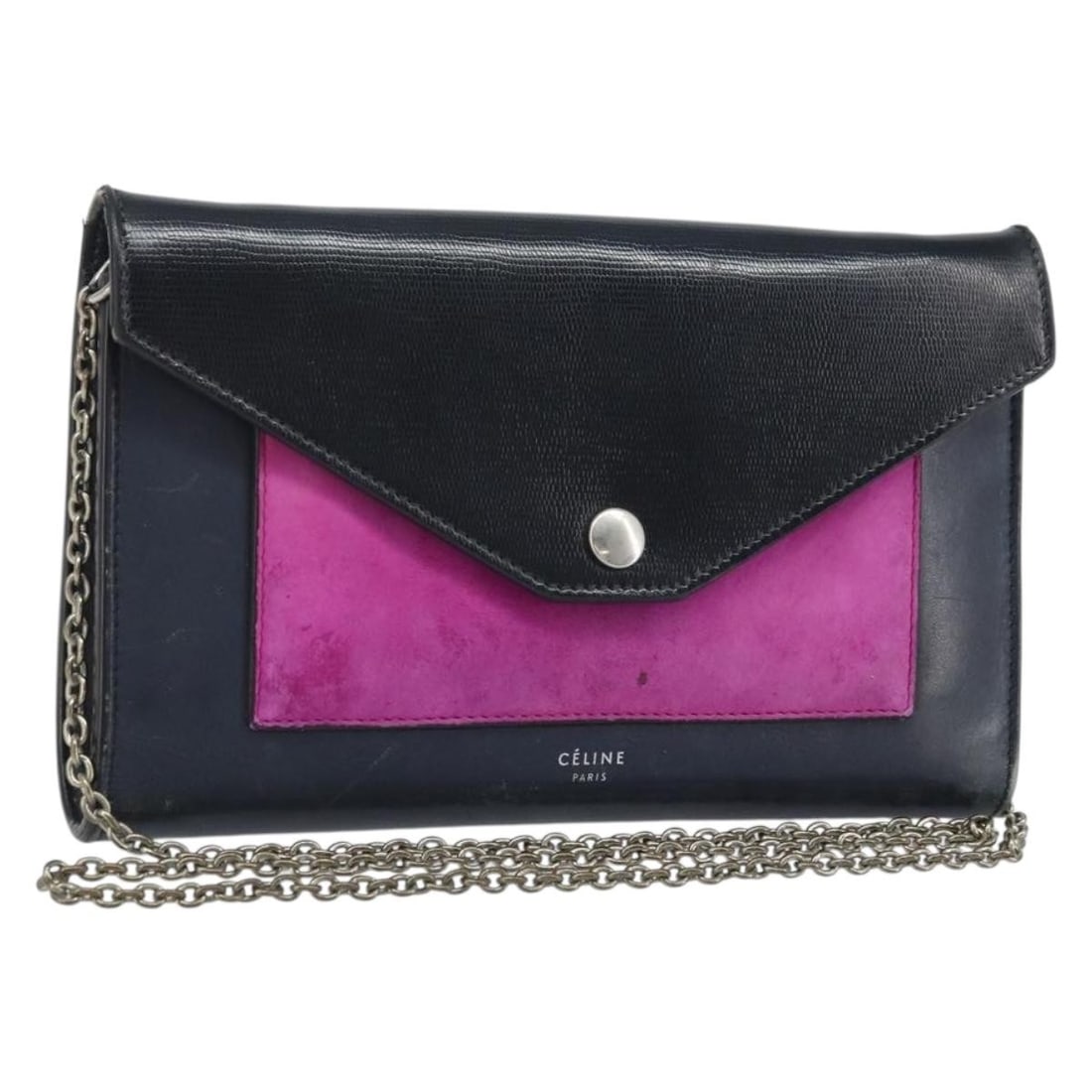 Celine Navy Leather Shoulder Bag with Silver Chain Strap: Celine Navy Leather Shoulder Bag with Silver Chain Strap This CELINE chain shoulder bag is crafted from navy leather with silver-tone accents. Designed for women, it features a compact silhouette with