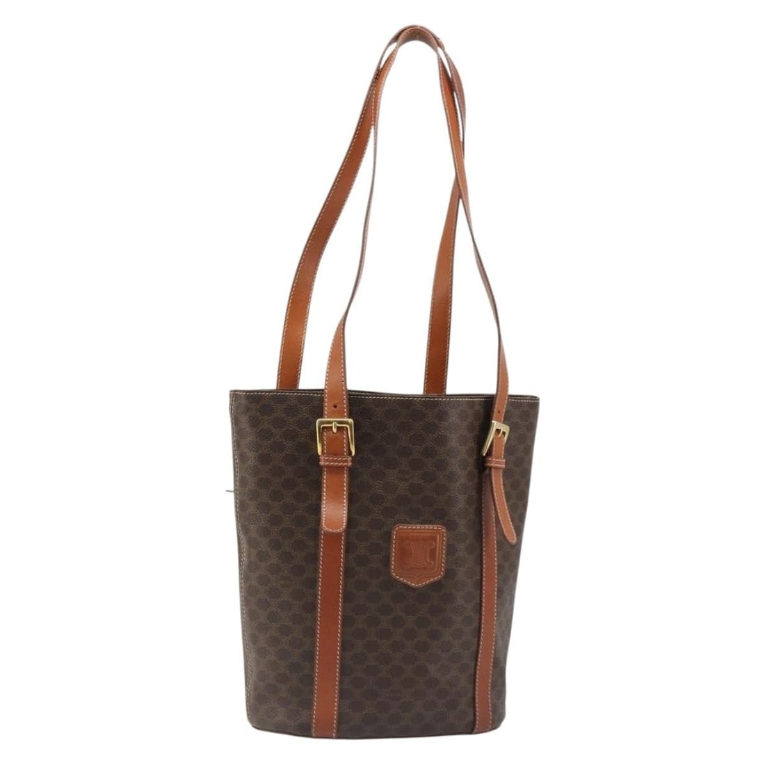 CELINE Macadam Canvas PVC Leather Tote Brown Gold Italy: CELINE Macadam Canvas PVC Leather Tote Brown Gold Italy CELINE Macadam Canvas Tote Bag in brown and gold PVC leather and Macadam canvas, made in Italy. This women's tote measures approximately 21 cm w