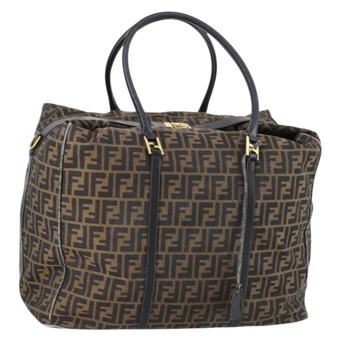 FENDI Boston Bag in Black Brown Zucca Canvas: FENDI Boston Bag in Black Brown Zucca Canvas Fendi Boston bag in black and brown Zucca canvas, made in France. The bag features a handle drop of approximately 28 cm and measures approximately W50 x H4