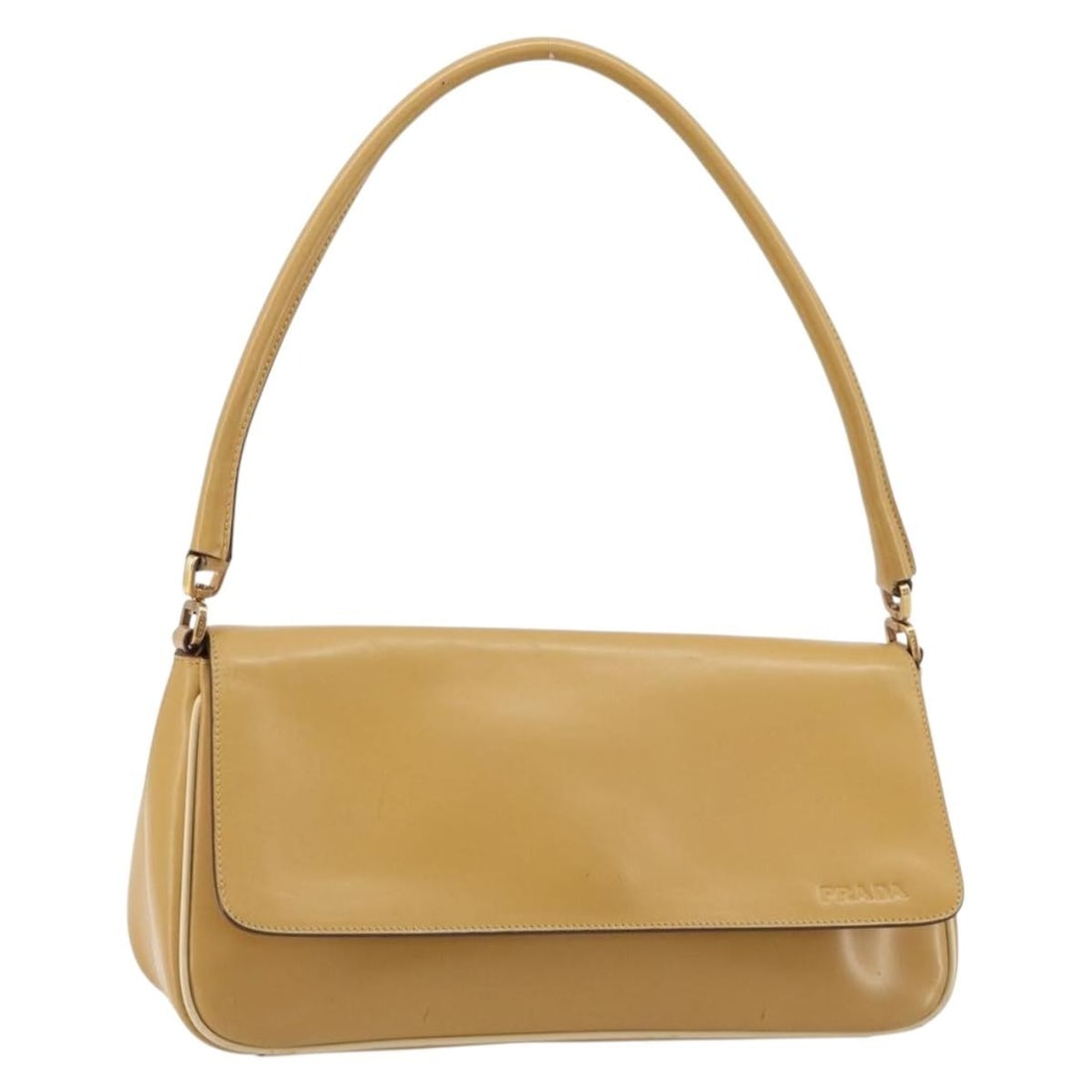 PRADA Beige Gold Leather Shoulder Bag Made in Italy: PRADA Beige Gold Leather Shoulder Bag Made in Italy Beige and gold Prada shoulder bag made of leather, crafted in Italy. It measures approximately W28 cm x H14 cm x D8 cm with a shoulder drop of about