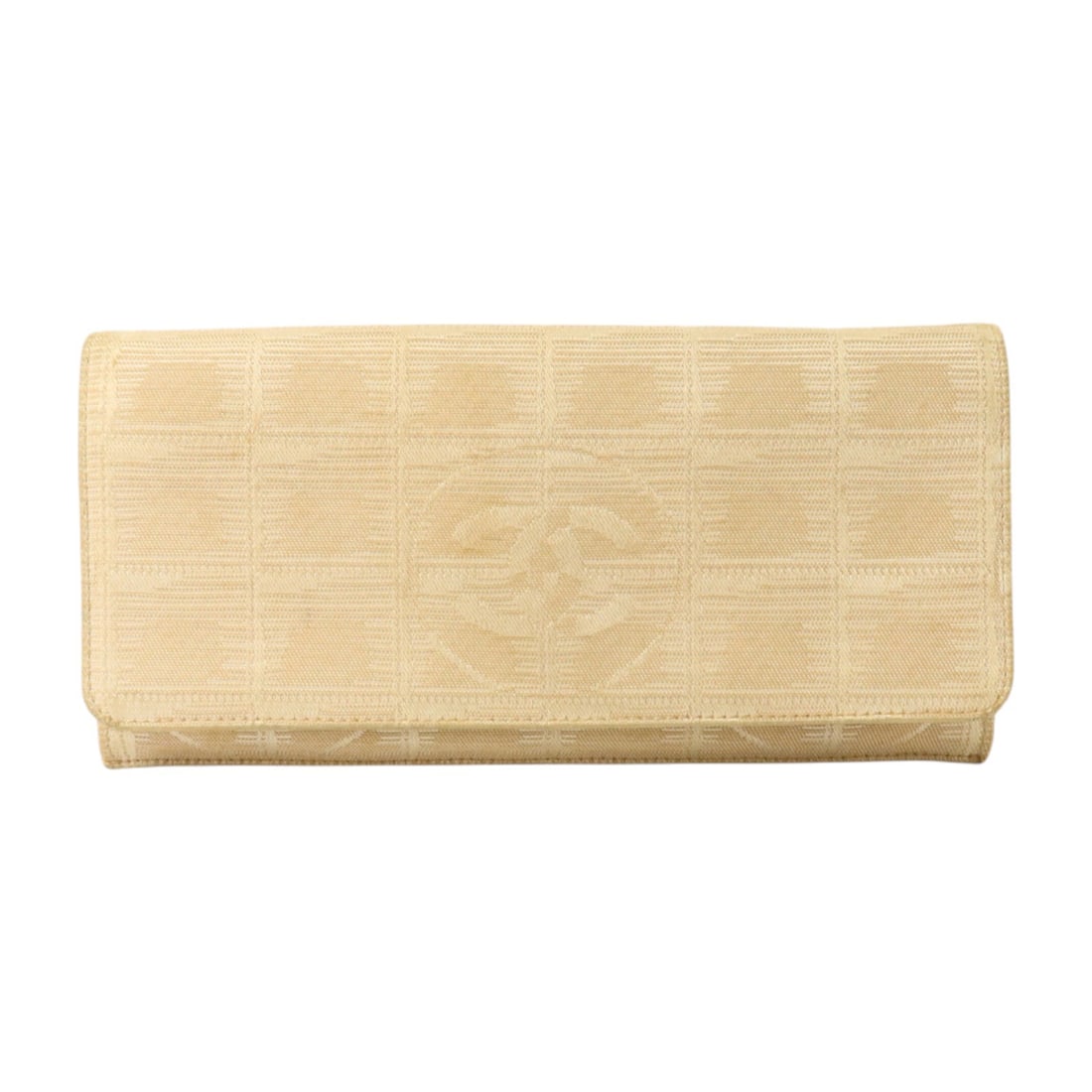 CHANEL Travel Line CC Long Wallet Beige Nylon SHW: CHANEL Travel Line CC Long Wallet Beige Nylon SHW CHANEL Travel Line long wallet in beige nylon with CC and SHW details. It features a hook button closure, multiple open compartments, a coin case, and