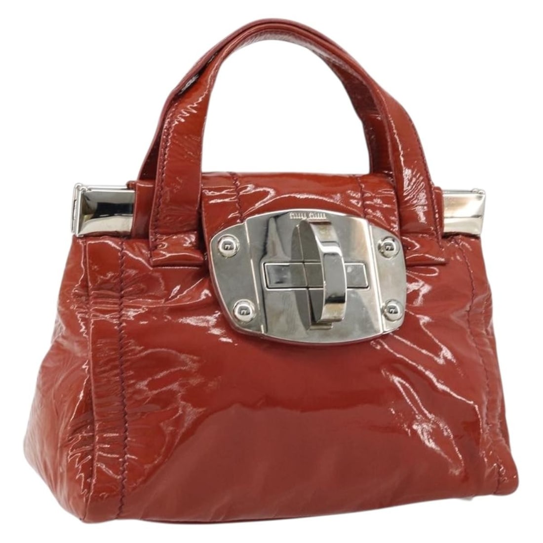 Orange Patent Leather Hand Bag Miu Miu Silver Tone: Orange Patent Leather Hand Bag Miu Miu Silver Tone Miu Miu patent leather hand bag in orange and silver, made in Italy. The bag measures approximately W27 x H19 x D10 cm, with a handle drop of approxi