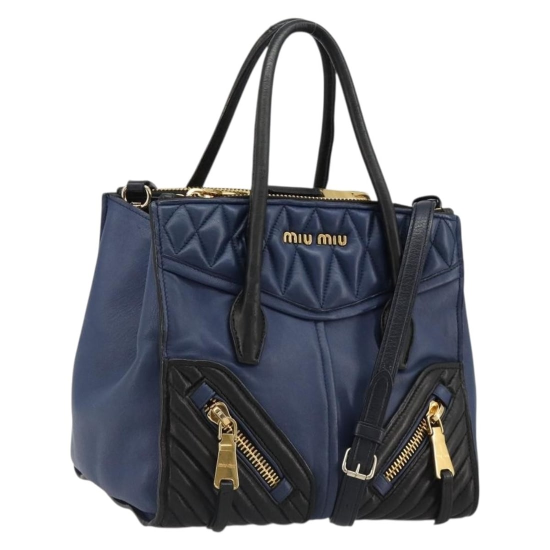 Miu Miu Matelasse Leather 2way Handbag Navy Gold Tone Strap: Miu Miu Matelasse Leather 2way Handbag Navy Gold Tone Strap Miu Miu Biker Matelasse handbag in navy and gold leather, featuring a 2-way style and an included shoulder strap. Made in Turkey, this bag m