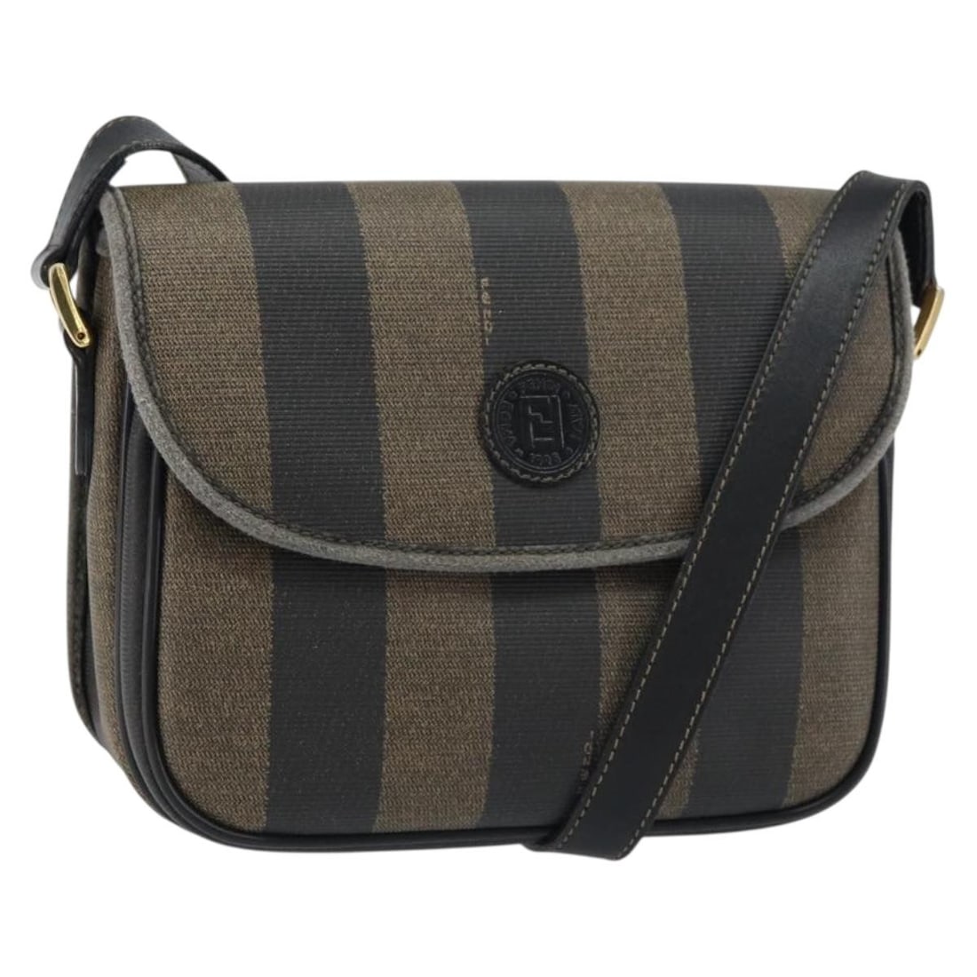 Fendi Pequin Canvas and PVC Leather Shoulder Bag Black Brown Gold Tone: Fendi Pequin Canvas and PVC Leather Shoulder Bag Black Brown Gold Tone This FENDI shoulder bag features a classic Black, Brown, and gold color scheme in Pequin canvas with PVC leather accents. Crafted