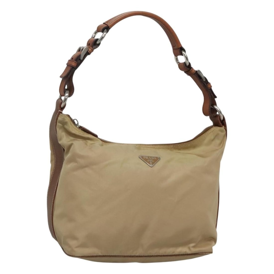 Prada beige nylon women s shoulder bag Italy silver tone: Prada beige nylon women s shoulder bag Italy silver tone This PRADA shoulder bag is crafted from beige and silver nylon and features a practical design with a spacious interior. Made in Italy, the bag