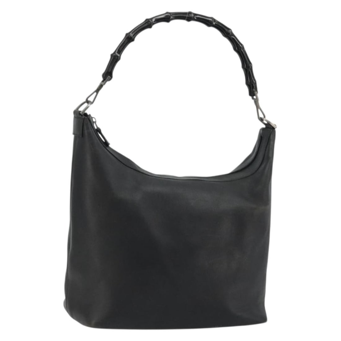 Gucci Bamboo Leather Black Silver Shoulder Bag Italy: Gucci Bamboo Leather Black Silver Shoulder Bag Italy This GUCCI Bamboo shoulder bag is crafted from black leather with silver-tone accents. Made in Italy, it features a classic shoulder bag silhouette