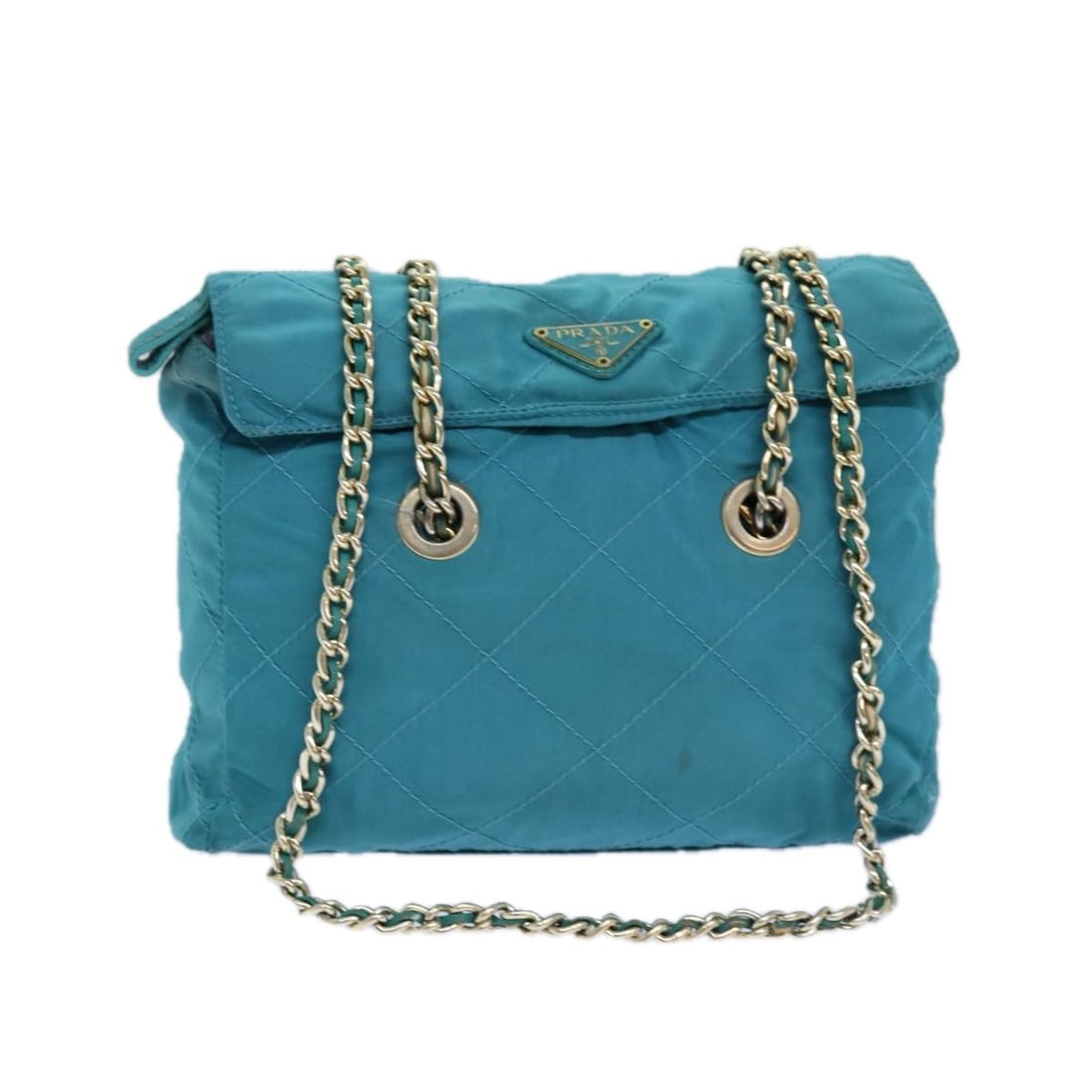 Prada Blue Nylon Chain Strap Shoulder Bag Made in Italy: Prada Blue Nylon Chain Strap Shoulder Bag Made in Italy Blue Prada chain shoulder bag made from nylon, crafted in Italy. It measures approximately 25 cm W x 21 cm H x 5 cm D, with a shoulder drop of a