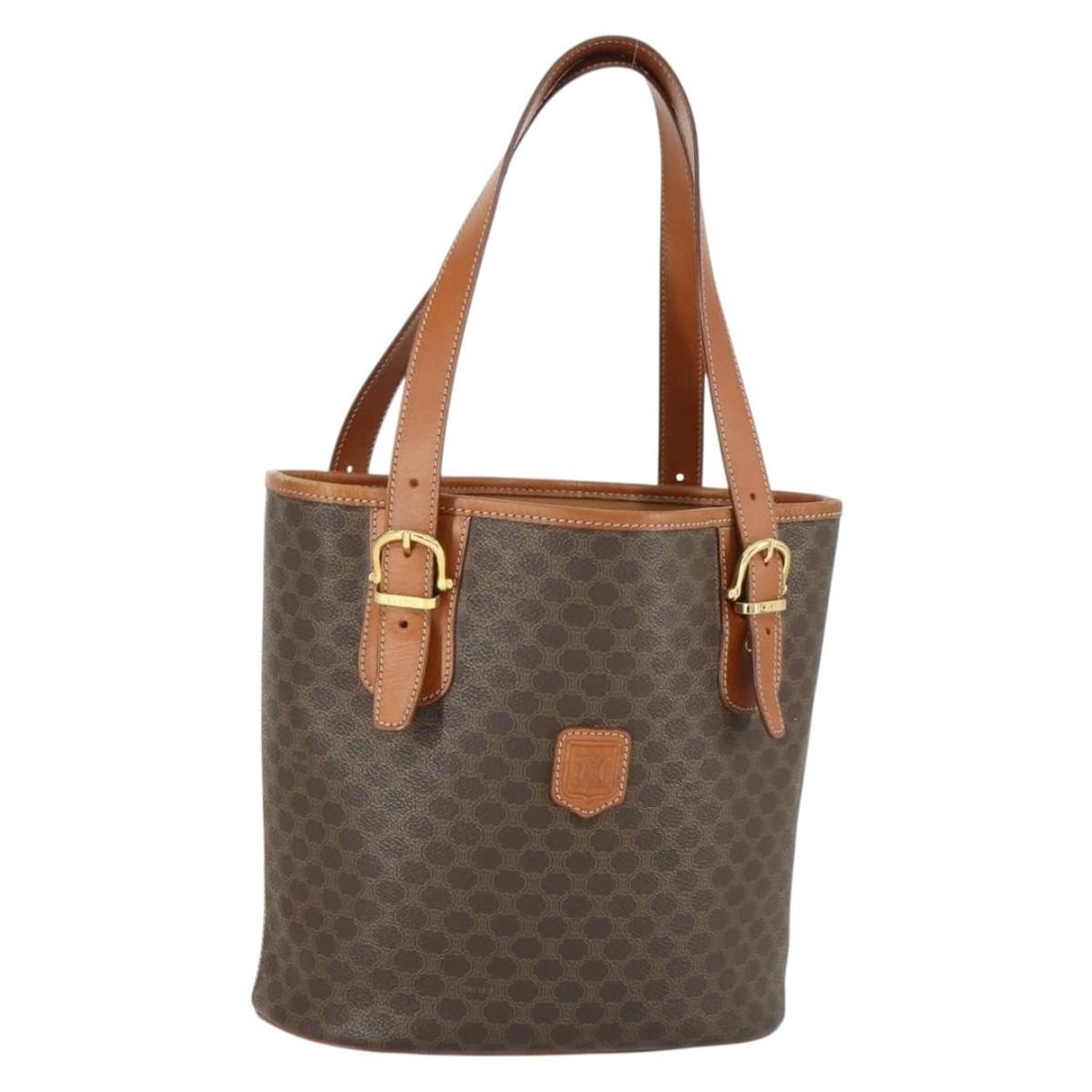CELINE Macadam Brown PVC Leather Canvas Tote Bag with Dust Bag: CELINE Macadam Brown PVC Leather Canvas Tote Bag with Dust Bag Brown and gold tote bag in PVC leather and Macadam canvas. It comes with a dust bag and was made in Italy. The bag shows heavy use, with 