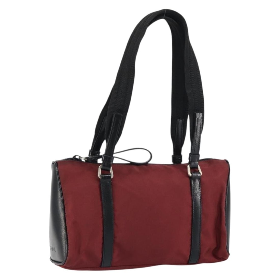 PRADA Bordeaux Nylon Hand Bag Silver Tone Italy: PRADA Bordeaux Nylon Hand Bag Silver Tone Italy Prada women's nylon handbag in bordeaux with silver-tone accents, made in Italy. This compact handbag is offered without the original box or dust bag; o