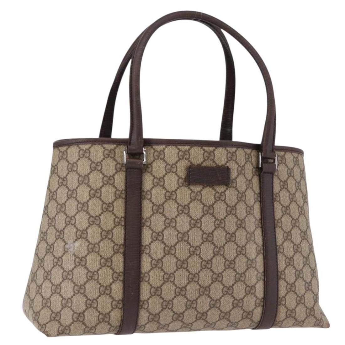 Gucci 114595 GG Supreme PVC Leather Tote in Beige Silver: Gucci 114595 GG Supreme PVC Leather Tote in Beige Silver A GUCCI GG Supreme tote bag in beige and silver, made from PVC leather and GG canvas. It features a tote bag style with a handle drop of approx
