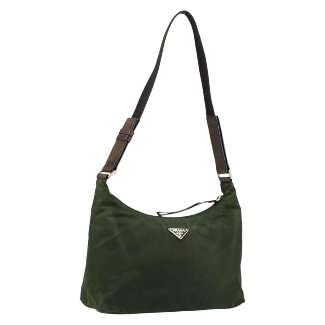 Prada nylon khaki silver shoulder bag Italy: Prada nylon khaki silver shoulder bag Italy This PRADA shoulder bag is crafted from durable nylon in a khaki and silver color combination. Designed for women, it features a spacious main compartment a