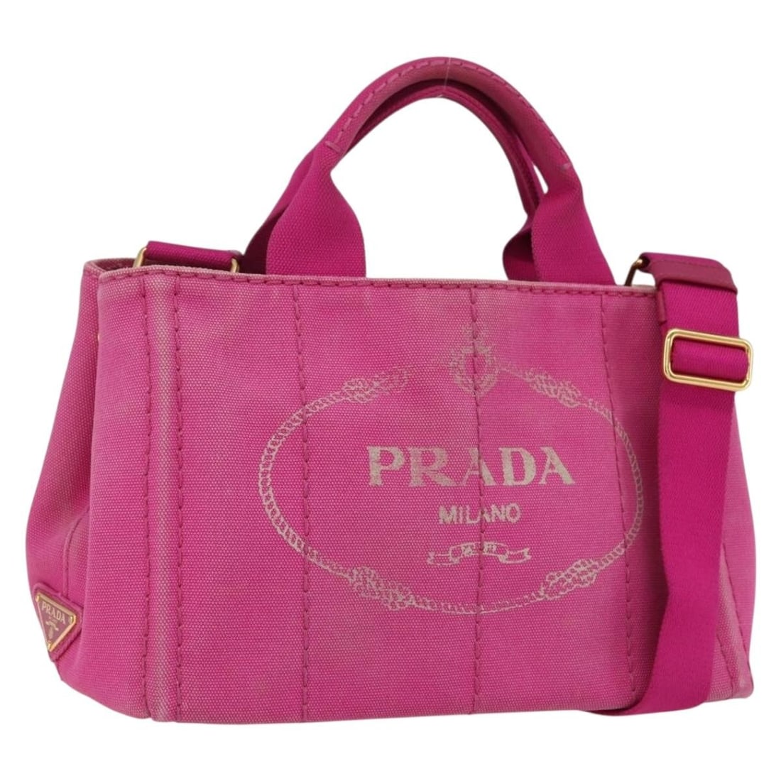 PRADA Canapa PM Canvas 2way Handbag Pink Gold with Strap: PRADA Canapa PM Canvas 2way Handbag Pink Gold with Strap Prada Canapa PM handbag in pink and gold canvas, made in Italy. This 2-way style comes with a shoulder strap and guarantee card. The bag is des