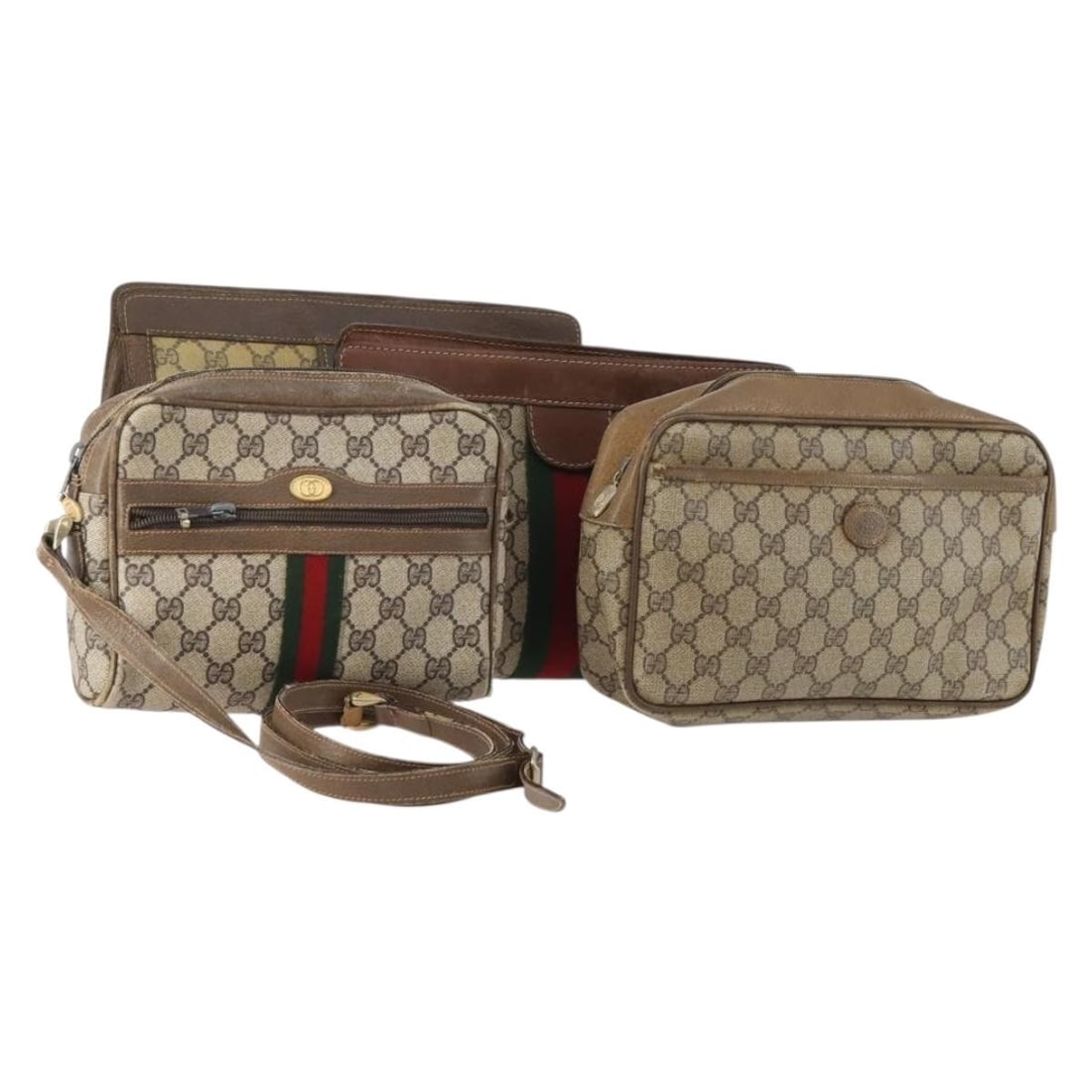4 Piece Gucci GG Supreme Sherry Line Clutch Bag Set Beige Gold: 4 Piece Gucci GG Supreme Sherry Line Clutch Bag Set Beige Gold Gucci Sherry Line clutch bag in PVC leather and GG canvas, made in Italy. The bag is beige and gold, and this special set sale includes t