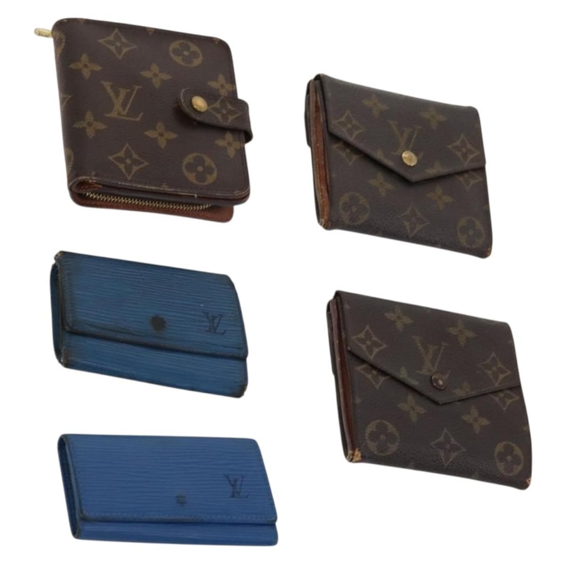 Louis Vuitton key case wallet blue Monogram canvas set: Louis Vuitton key case wallet blue Monogram canvas set Louis Vuitton Epi Monogram Key Case Wallet set in blue Monogram canvas, offered in heavily used condition. The item shows significant wear throug