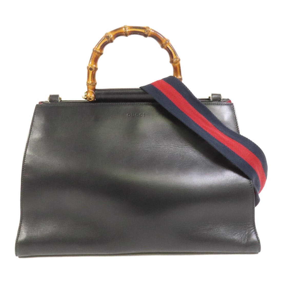 Gucci 453764 2 Way Shoulder Bag Black Calfskin Bamboo Handle: Gucci 453764 2 Way Shoulder Bag Black Calfskin Bamboo Handle A GUCCI 2way shoulder bag with a top handle design, made from calfskin (cowhide) and bamboo. It features a black exterior with black frame 