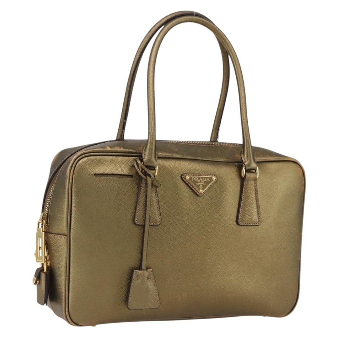 PRADA Saffiano Leather Hand Bag Gold Tone with Padlock Key Clochette: PRADA Saffiano Leather Hand Bag Gold Tone with Padlock Key Clochette Prada women's handbag in Saffiano leather with a gold tone finish. Made in Italy, this bag includes a padlock, two keys, and a cloc