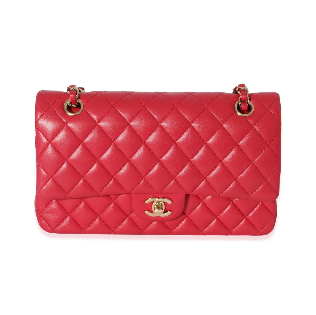 Chanel Medium Classic Double Flap Shoulder Bag Pink Lambskin: Chanel Medium Classic Double Flap Shoulder Bag Pink Lambskin Dark pink quilted lambskin medium classic double flap bag with a turnlock closure and gold-tone hardware. This pre-owned shoulder bag featu