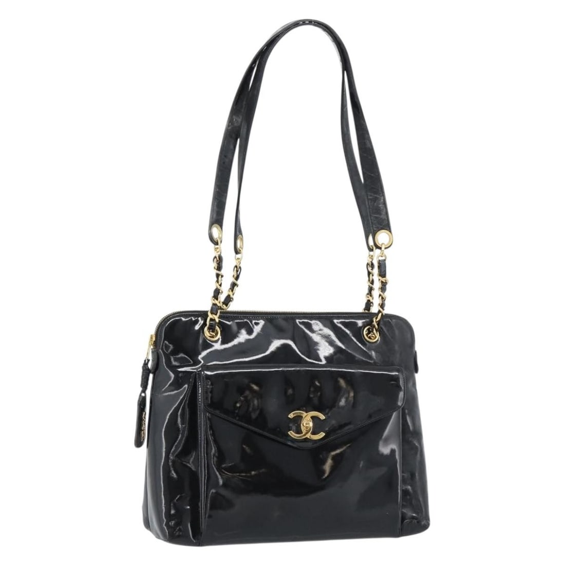 CHANEL CC Patent Leather Tote with Chain Handles Gold Black: CHANEL CC Patent Leather Tote with Chain Handles Gold Black Chanel chain turn lock tote bag in black and gold patent leather. This women's tote is made in Italy and includes the guarantee card and ins
