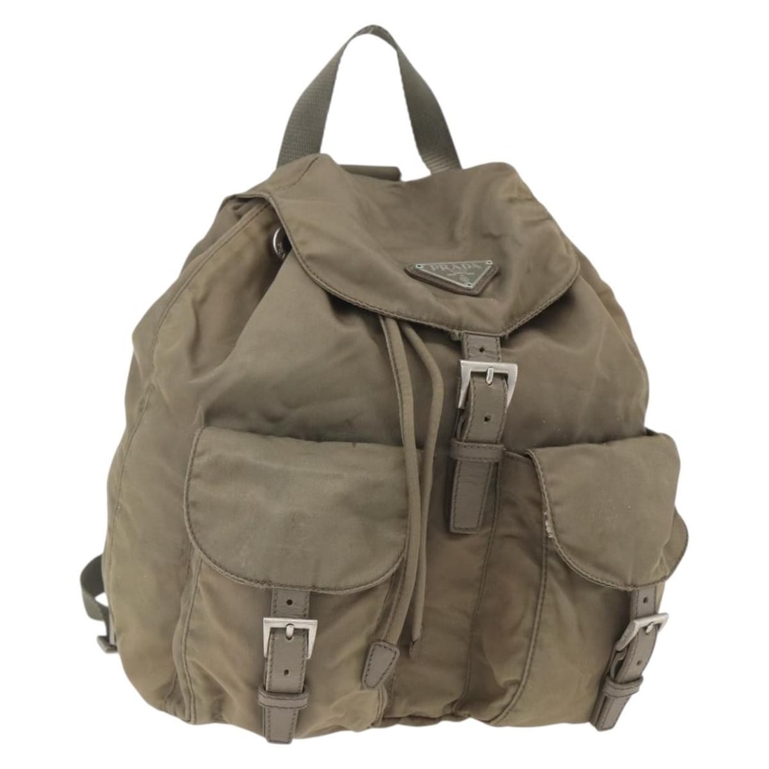 Prada khaki silver nylon backpack Italy women: Prada khaki silver nylon backpack Italy women This PRADA backpack is crafted from durable nylon in a khaki and silver color scheme. Designed for women, it features a compact silhouette with practical 