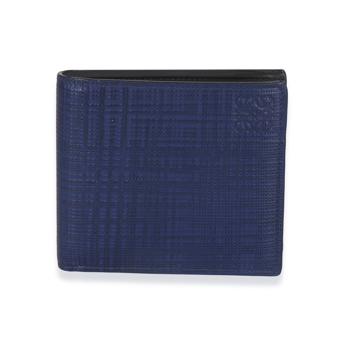 Loewe Linen Anagram Blue Calfskin Wallet with Box and Dustbag: Loewe Linen Anagram Blue Calfskin Wallet with Box and Dustbag This Loewe Anagram bifold wallet features a blue calfskin leather exterior and a fabric and leather lining. Designed with a flap top closu