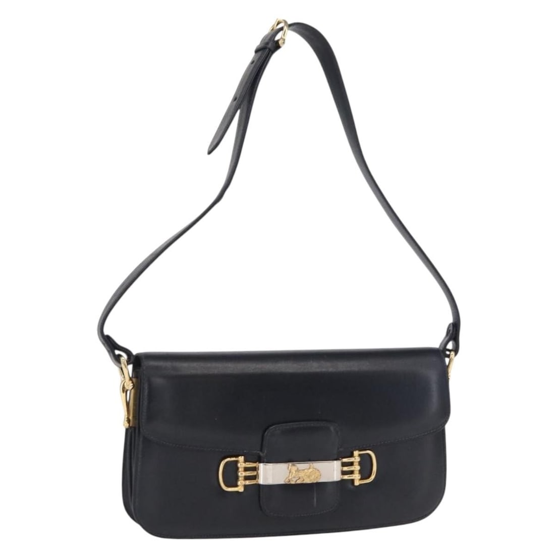 CELINE Horse Carriage Leather Shoulder Bag Navy Gold Mirror: CELINE Horse Carriage Leather Shoulder Bag Navy Gold Mirror CELINE shoulder bag in navy leather with gold-tone exterior details, made in Italy. It features a compact rectangular profile with a shoulde