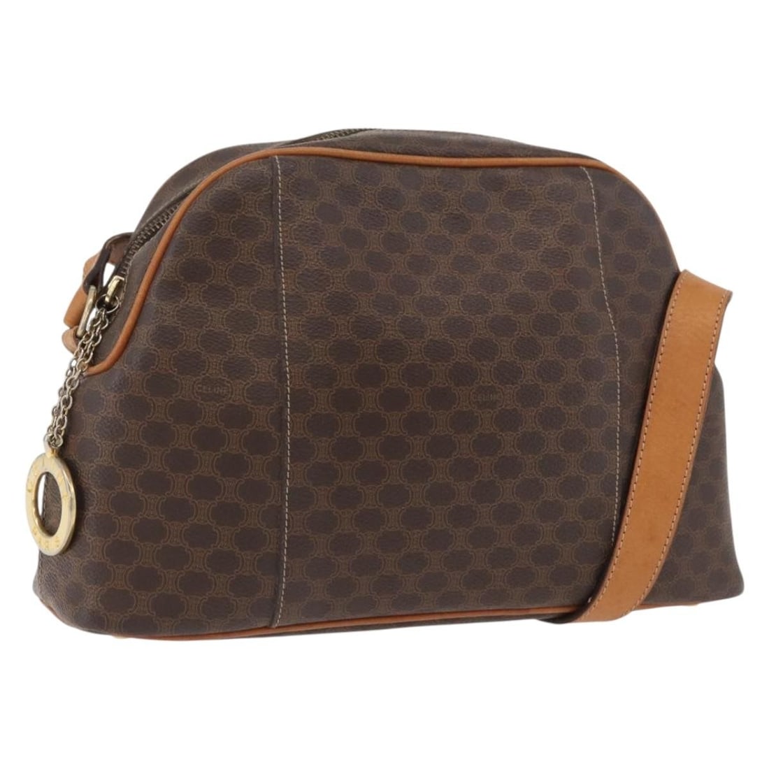 CELINE Macadam Canvas Brown Gold Shoulder Bag: CELINE Macadam Canvas Brown Gold Shoulder Bag This CELINE Macadam Canvas Circle shoulder bag features a brown and gold exterior crafted from PVC leather and Macadam canvas. The bag is designed for wom