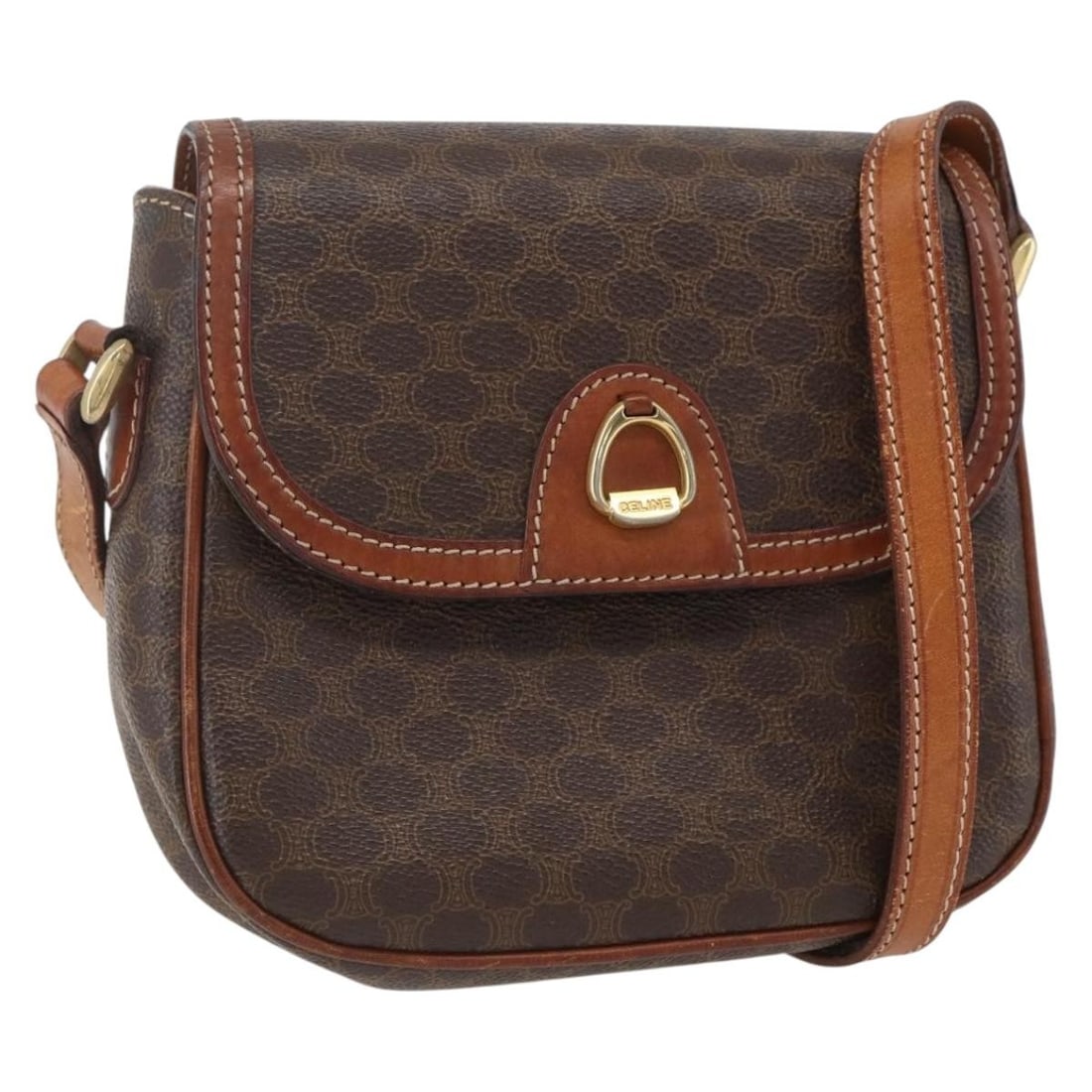 Celine Macadam PVC Leather Shoulder Bag Brown Gold Made in Italy: Celine Macadam PVC Leather Shoulder Bag Brown Gold Made in Italy A brown and gold shoulder bag made of PVC leather and Macadam canvas, made in Italy. It features a shoulder drop of approximately 50 to