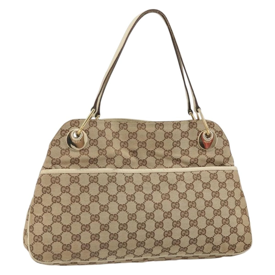 Beige Gold GG Canvas Gucci 121023 Italian Shoulder Bag: Beige Gold GG Canvas Gucci 121023 Italian Shoulder Bag This Gucci GG Canvas shoulder bag features a beige and gold color scheme with the iconic GG canvas exterior. The bag is designed with a spacious 