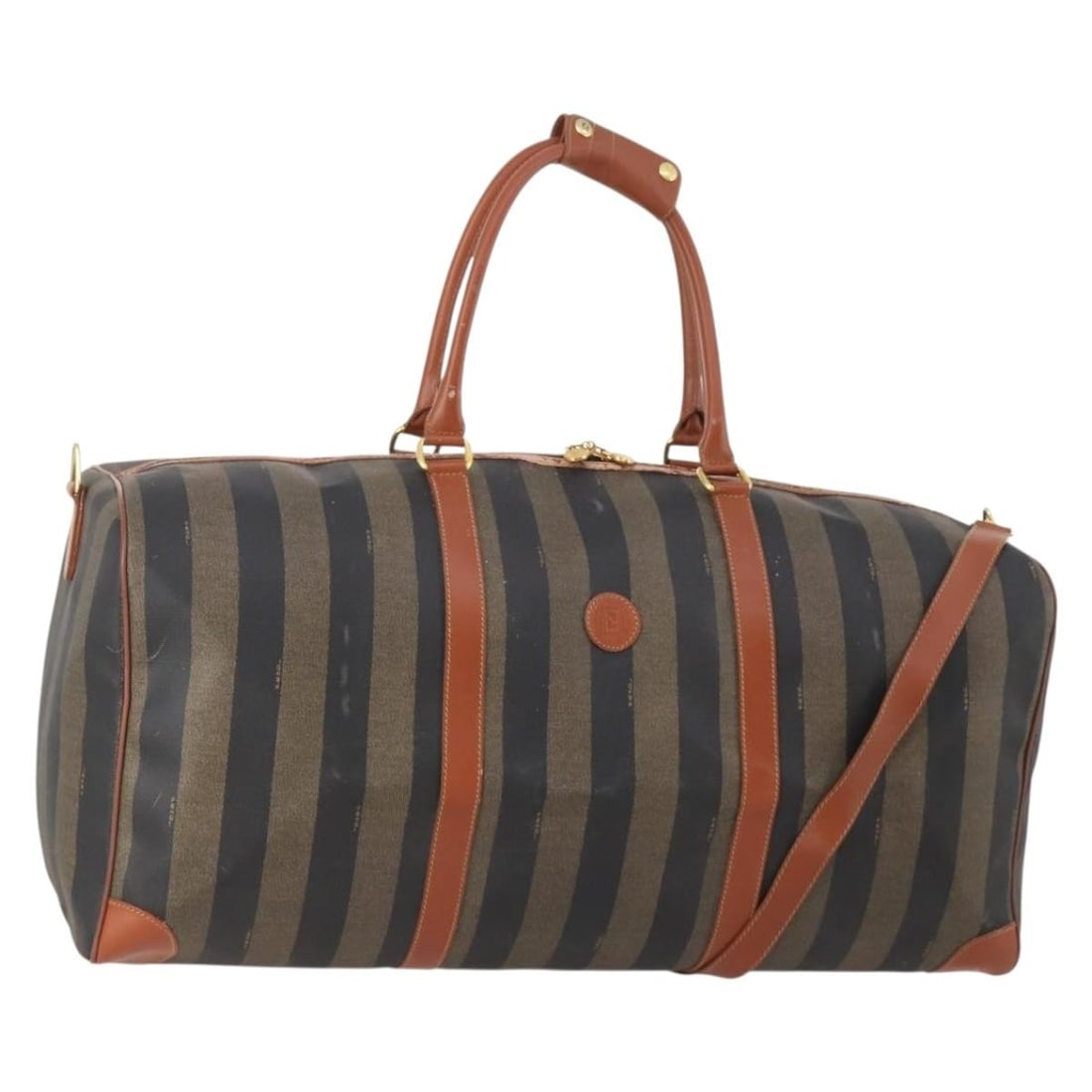 Fendi Pequin Canvas 2 Way Boston Bag Black Brown PVC Leather: Fendi Pequin Canvas 2 Way Boston Bag Black Brown PVC Leather Authentic FENDI Boston bag in black and brown PVC leather with Pequin canvas construction. This women's 2-way bag includes a shoulder strap