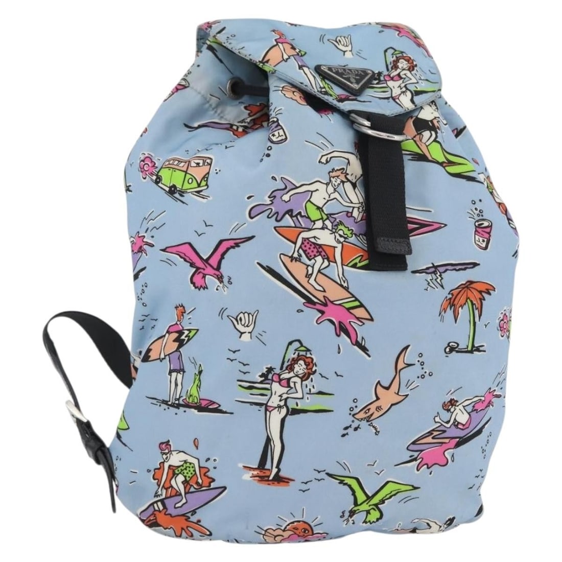 PRADA Nylon Backpack Light Blue Silver Made in Italy: PRADA Nylon Backpack Light Blue Silver Made in Italy Prada backpack in light blue and silver nylon, made in Italy. The item is described as heavily used, with noted wear including loss of shape, rubbi