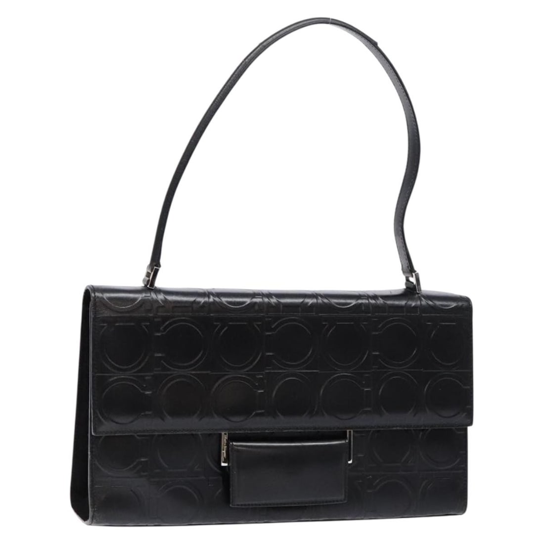 Salvatore Ferragamo Gancini Leather Shoulder Bag Black Silver BA5258: Salvatore Ferragamo Gancini Leather Shoulder Bag Black Silver BA5258 Introducing the Salvatore Ferragamo Gancini Shoulder Bag, a stylish accessory crafted in Italy. This elegant shoulder bag features 