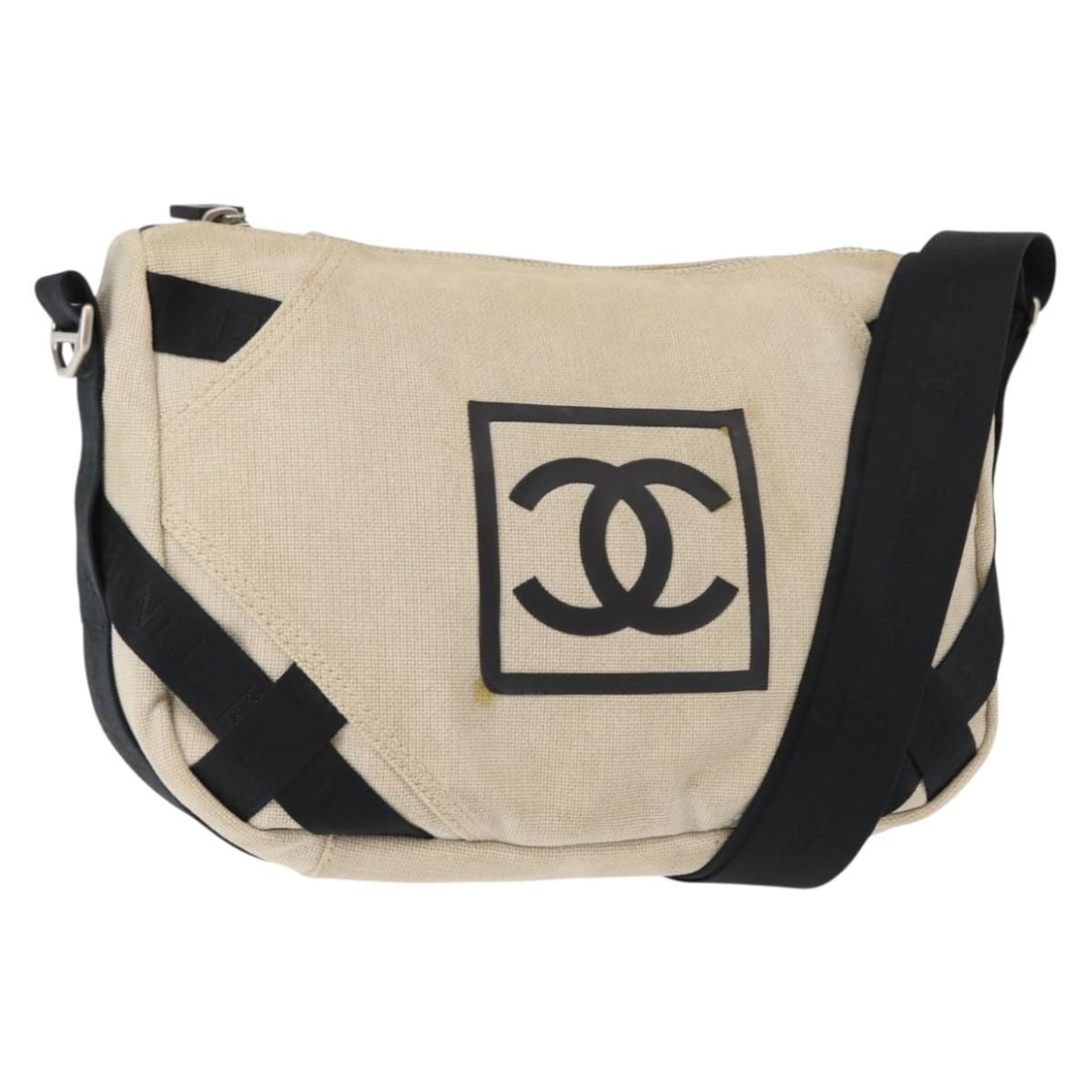 CHANEL Coco Mark Sports Canvas Shoulder Bag Beige Silver: CHANEL Coco Mark Sports Canvas Shoulder Bag Beige Silver CHANEL Sports COCO Mark shoulder bag in beige and silver canvas, made in France. This women's shoulder bag features a shoulder strap with an ap