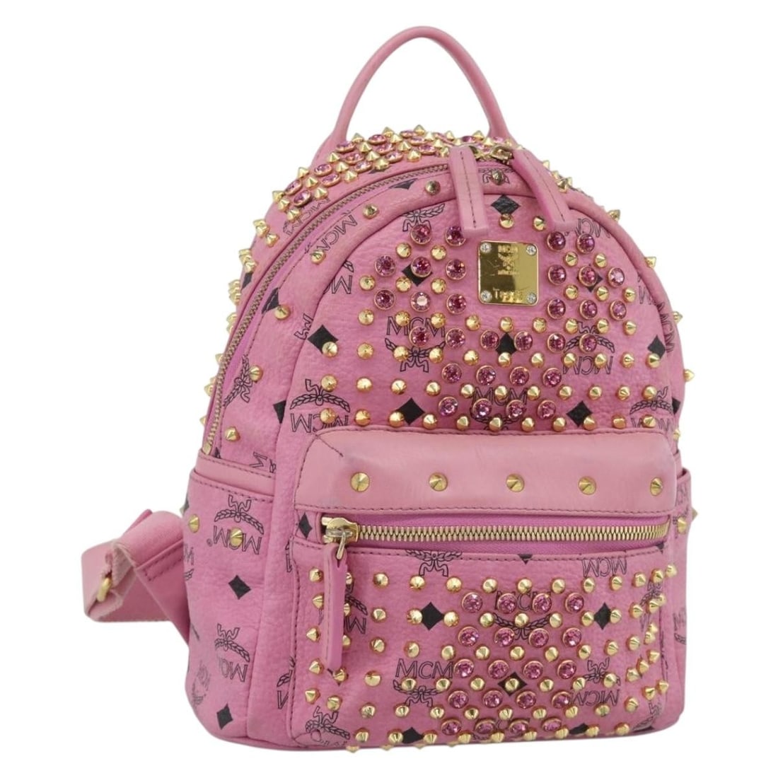 MCM leather backpack in pink and gold Vicetos studded: MCM leather backpack in pink and gold Vicetos studded MCM Vicetos logogram stud backpack in leather with a pink and gold colorway. This women's backpack was made in Korea and measures approximately 21