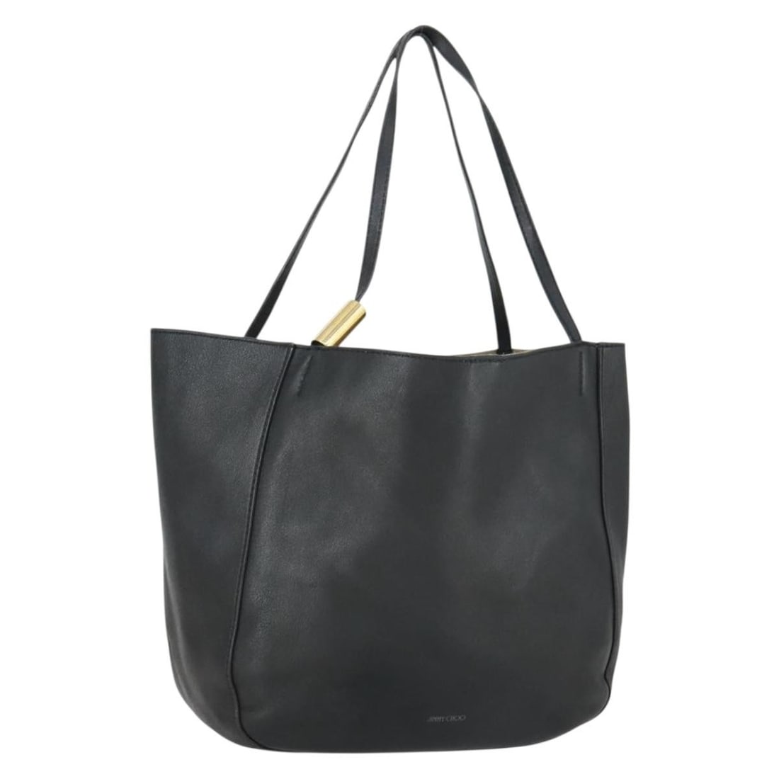 Jimmy Choo Black Leather Tote with Gold Accents for Women: Jimmy Choo Black Leather Tote with Gold Accents for Women This Jimmy Choo tote bag features a black and gold leather exterior and is designed for women. The bag displays signs of heavy use, including 