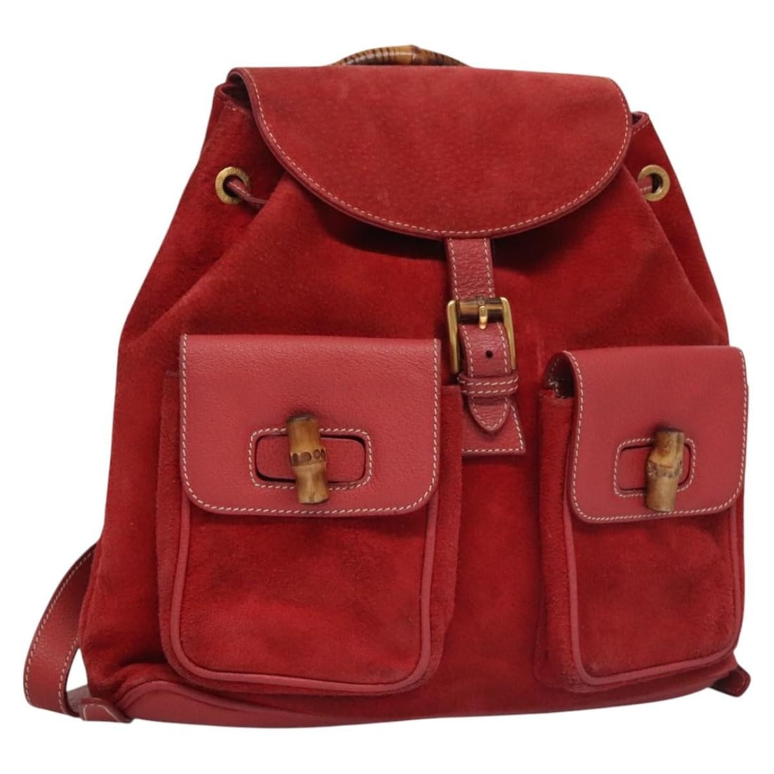 Gucci Bamboo Red Suede Leather Backpack with Gold Tone Hardware: Gucci Bamboo Red Suede Leather Backpack with Gold Tone Hardware This GUCCI Bamboo Backpack features red suede leather with gold-colored accents. Designed for women, it offers a stylish and spacious op
