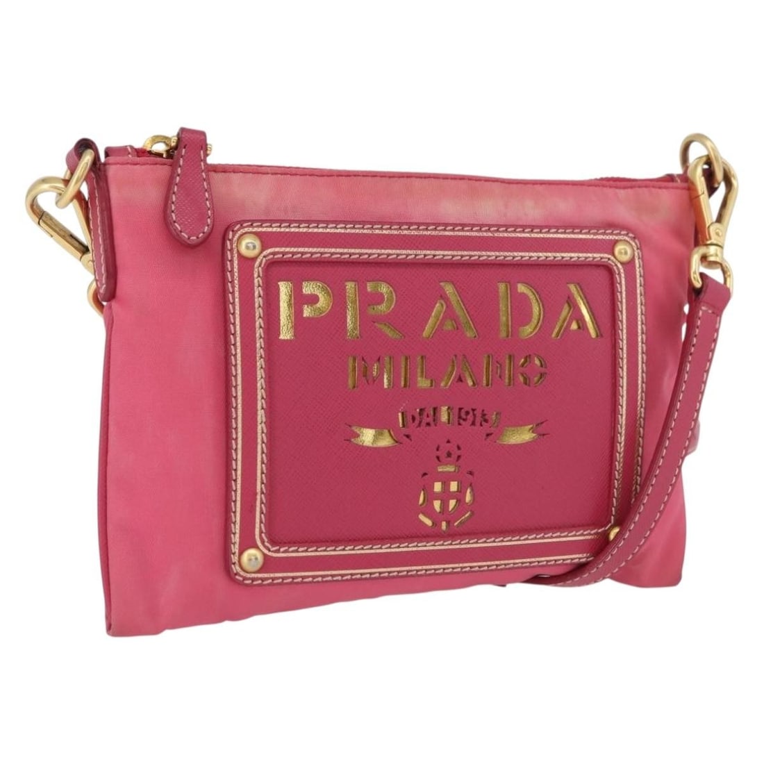PRADA Nylon Shoulder Bag Pink with Gold Tone Hardware Made in Italy: PRADA Nylon Shoulder Bag Pink with Gold Tone Hardware Made in Italy Pink and gold Prada shoulder bag made of nylon, crafted in Italy. It measures approximately 20 cm wide by 13 cm high, with a shoulde