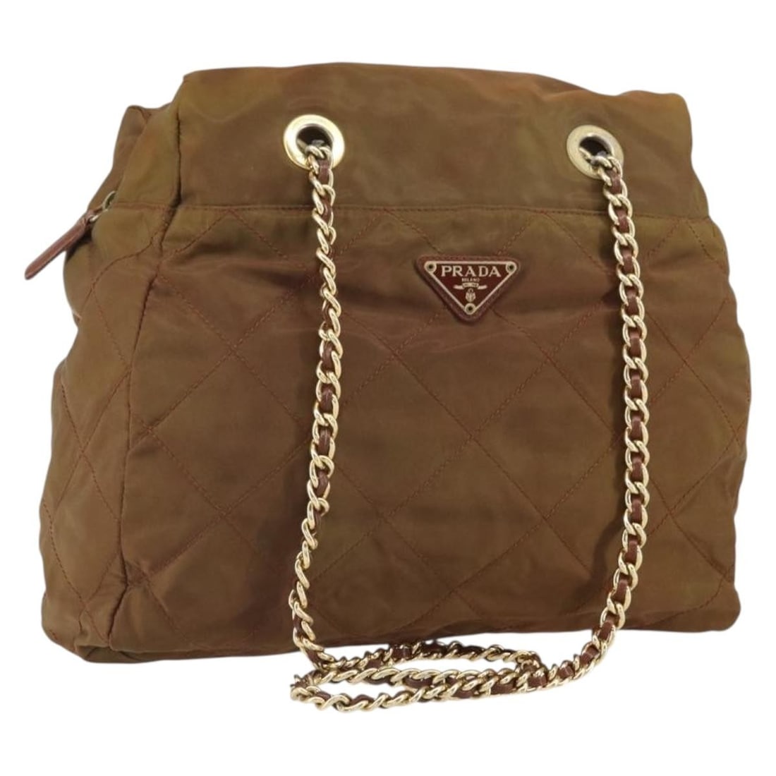 PRADA Nylon Shoulder Bag Brown with Gold Tone Chain Strap: PRADA Nylon Shoulder Bag Brown with Gold Tone Chain Strap Authentic Prada chain shoulder bag in brown nylon with gold-tone accents. This women's shoulder bag is made in Italy and has a heavily used co