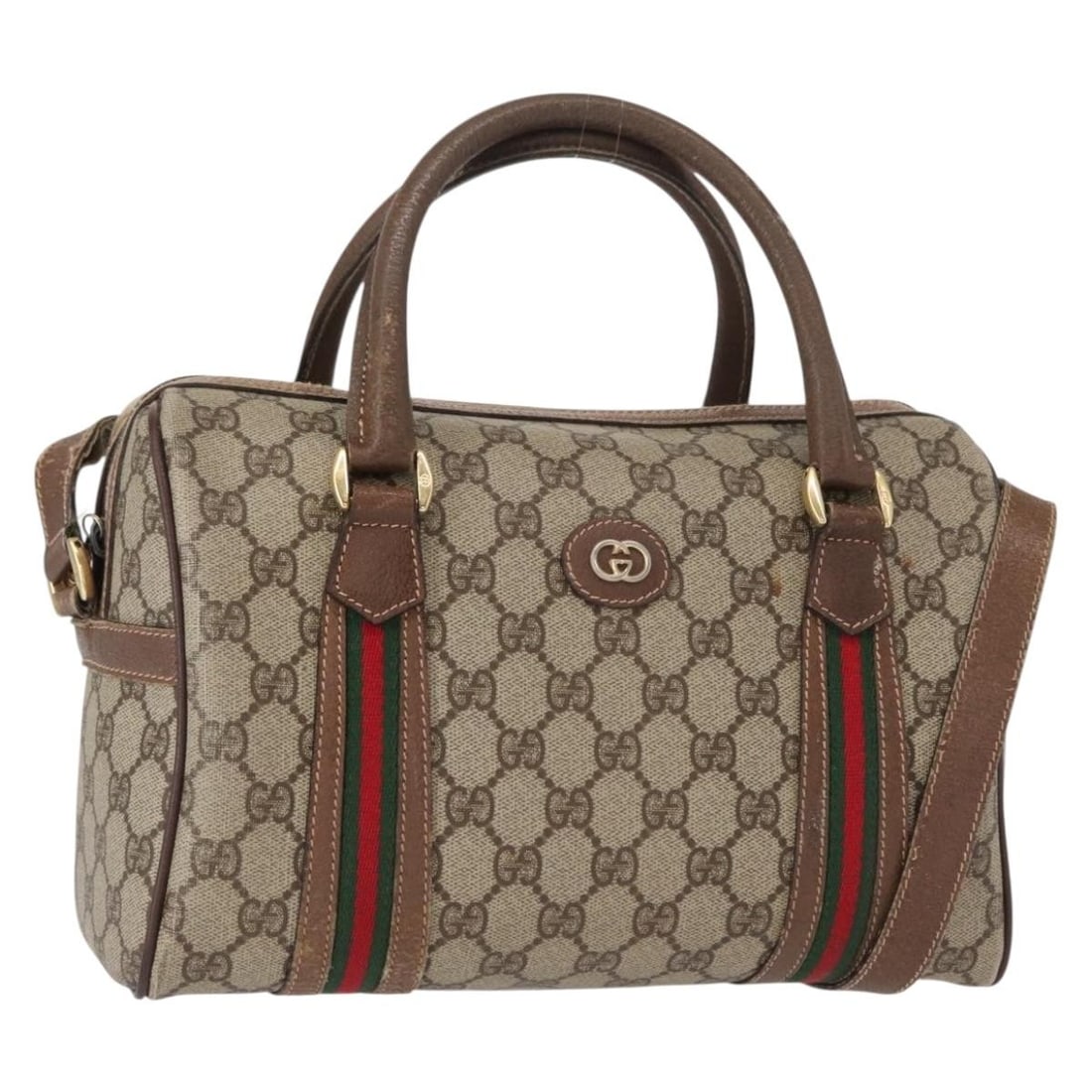Gucci Boston Bag GG Supreme Web Beige Gold PVC Leather 002 115 6697: Gucci Boston Bag GG Supreme Web Beige Gold PVC Leather 002 115 6697 This is a GUCCI GG Supreme Web Sherry Line Boston Bag crafted from beige and gold PVC leather with GG canvas accents. Designed for w