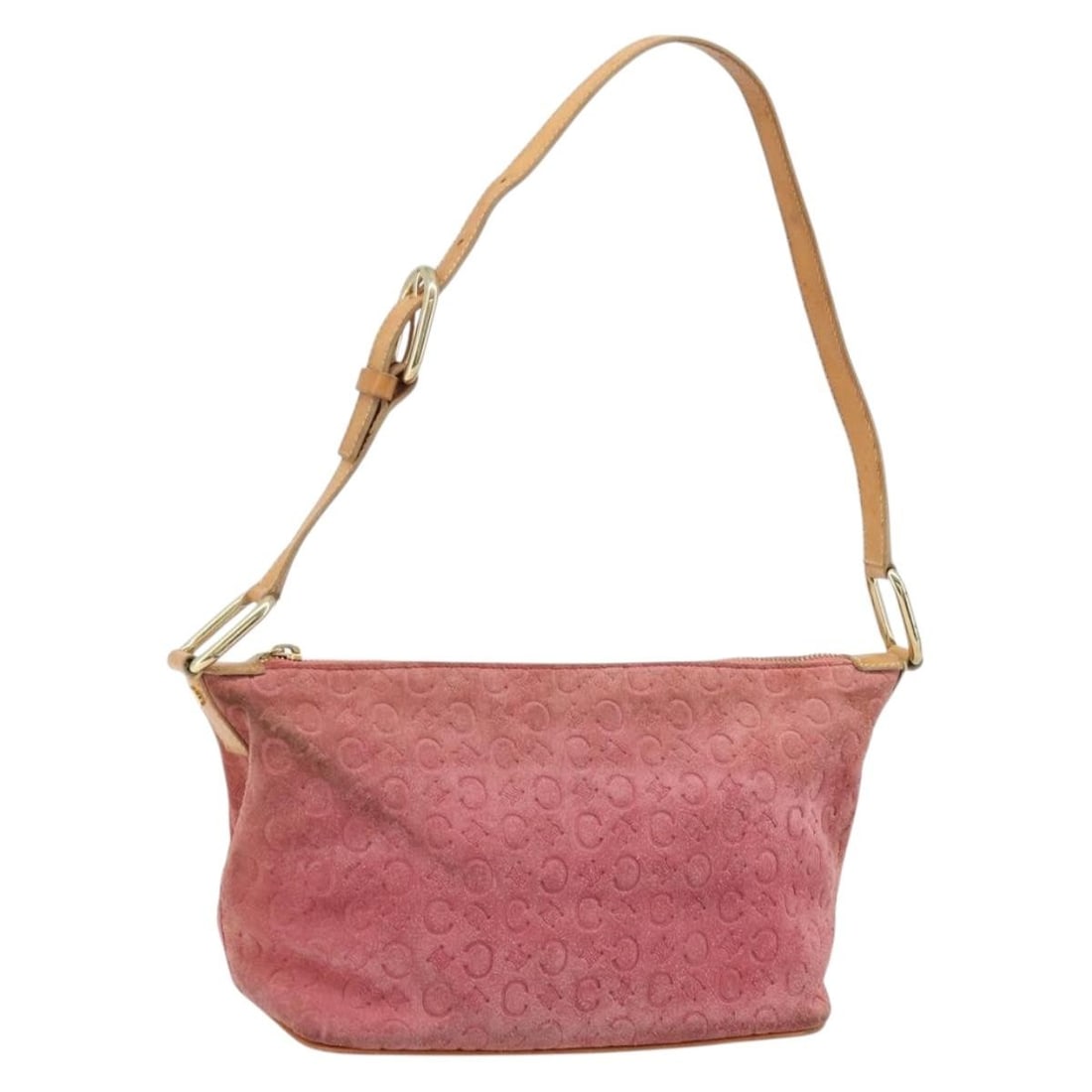 CELINE Pink Gold Suede C Macadam Shoulder Bag Italy: CELINE Pink Gold Suede C Macadam Shoulder Bag Italy This CELINE C Macadam shoulder bag features a stylish combination of pink and gold suede with C Macadam canvas accents. Designed for women, it offer