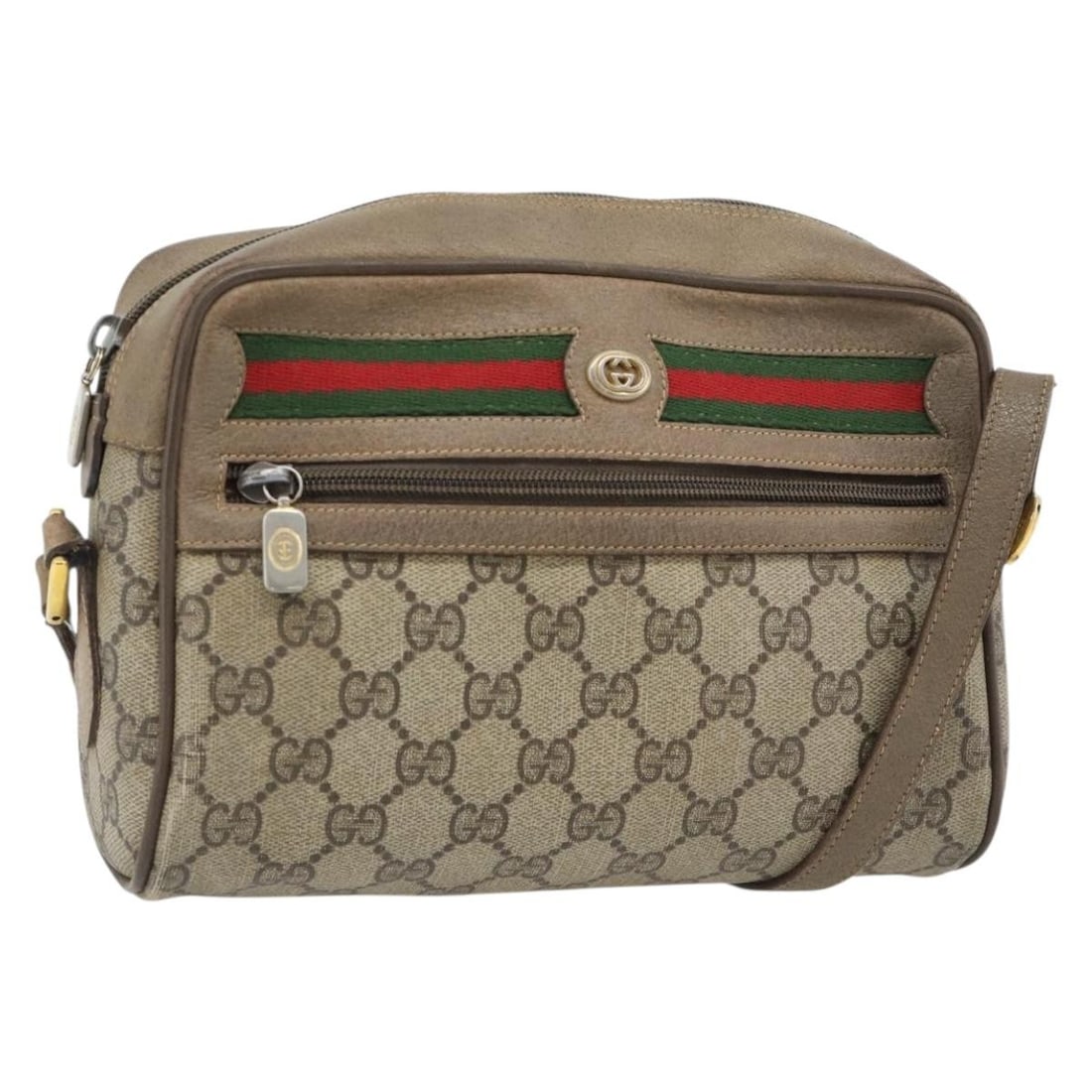 Gucci Sherry Line GG Supreme PVC Shoulder Bag Beige Gold: Gucci Sherry Line GG Supreme PVC Shoulder Bag Beige Gold Gucci GG Supreme Web Sherry Line shoulder bag in beige and gold, made from PVC leather and GG canvas. This pre-owned shoulder bag was made in I