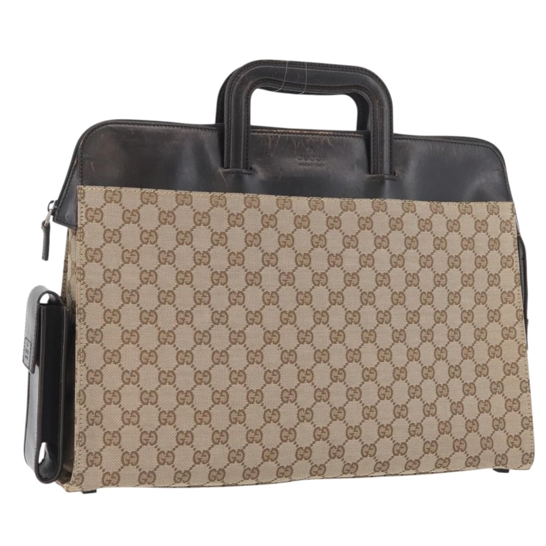 Beige Silver GG Canvas Briefcase Gucci 015 3707: Beige Silver GG Canvas Briefcase Gucci 015 3707 A women's Gucci business bag made from GG Canvas in beige and silver, crafted in Italy. It features a structured silhouette with a handle drop of approx