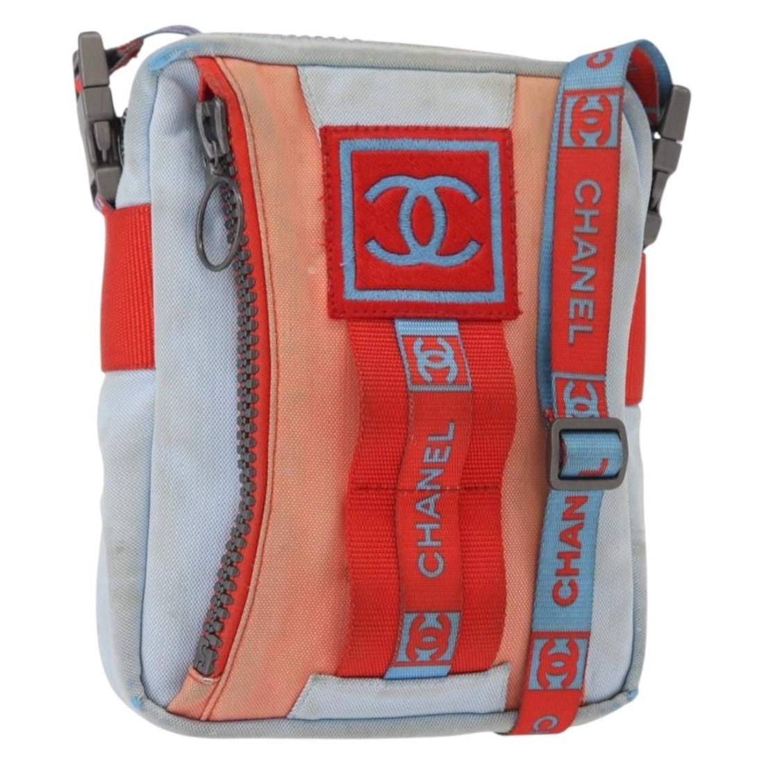CHANEL Sports Line Nylon Shoulder Bag Red Blue Italy: CHANEL Sports Line Nylon Shoulder Bag Red Blue Italy Chanel Sports Line shoulder bag in red and blue nylon, made in Italy. The bag measures approximately W15 cm x H20 cm x D3 cm, with a shoulder drop 
