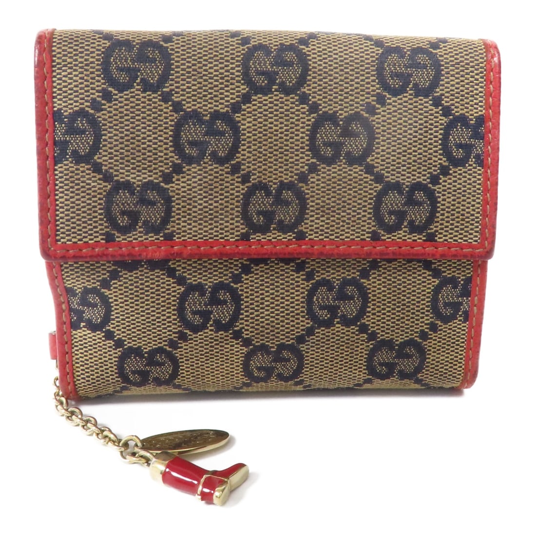 GUCCI 154183 Bi Fold Wallet GG Canvas Red Beige Women: GUCCI 154183 Bi Fold Wallet GG Canvas Red Beige Women Bi-fold wallet in GG canvas with a red color scheme. It features a hook button closure, eight card slots, one wallet compartment, and one coin cas