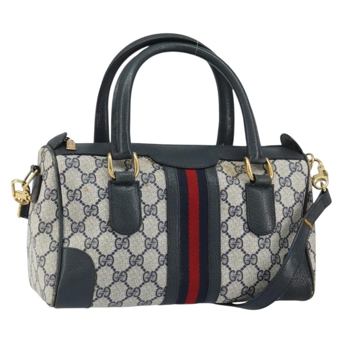 Gucci GG Supreme Boston Bag Navy Red PVC Leather 002 39 0069 with Shoulder Strap: Gucci GG Supreme Boston Bag Navy Red PVC Leather 002 39 0069 with Shoulder Strap This is a Gucci GG Supreme Sherry Line Boston bag crafted from PVC leather and GG canvas in navy, red, and gold tones. 
