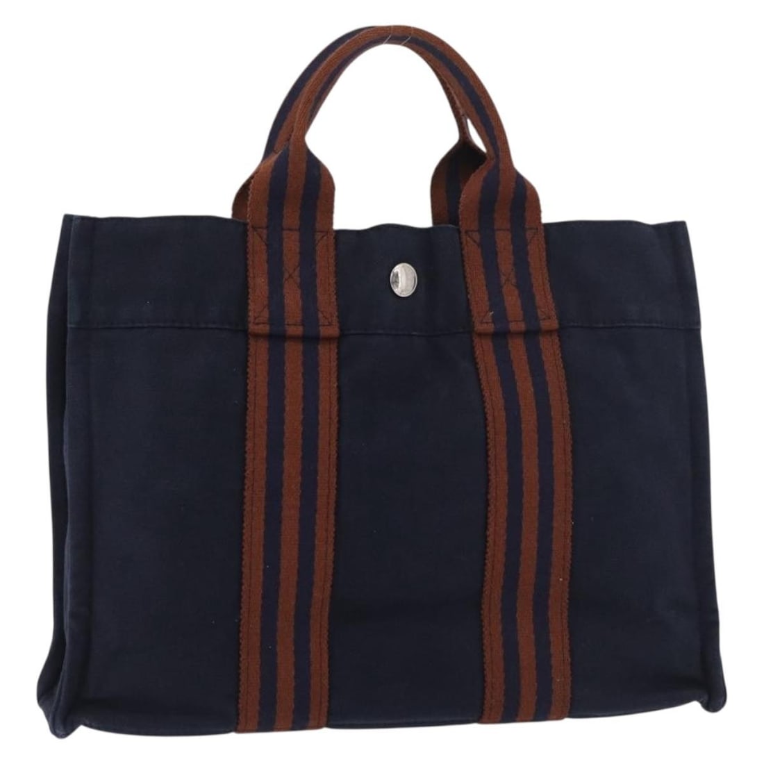 Hermes Fourre Tout PM Canvas Handbag Brown Navy France: Hermes Fourre Tout PM Canvas Handbag Brown Navy France Hermes Fourre Tout PM hand bag in brown and navy canvas, made in France. The bag measures approximately W30 cm x H22 cm x D8 cm, with a handle dr